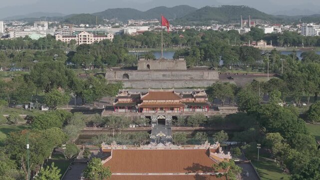 Aerial drone view of Hue Imperial Citadel featuring Ngo Mon Gate, Thai Hoa Palace and Kien Trung Palace, showcasing Vietnam's UNESCO royal heritage, ancient architecture and cultural landmark. D log m