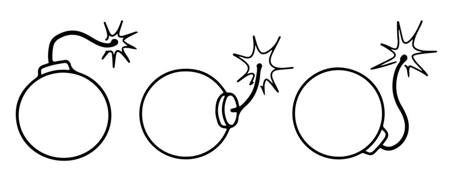 Set of round cartoon bombs. Hand drawn vector doodle. Dynamite. Lit fuse. Boom. Line art illustration.