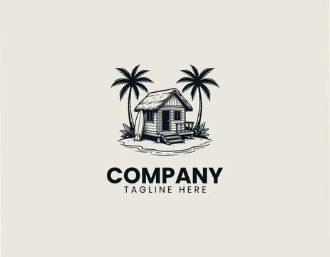 Tropical beach hut with palm trees and surfboard black vector logo illustration