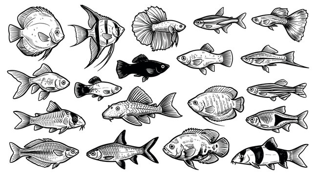 Diverse collection of hand-drawn freshwater aquarium fish illustrations, featuring various species in a detailed black and white sketch style on a clean white background