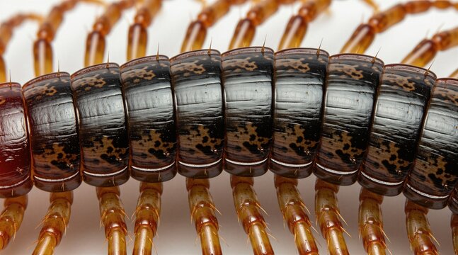 Extreme macro close up of centipede body showing segmented dark brown exoskeleton with shiny surface texture. Many small legs extend from organism sides against white background. Detailed anatomy