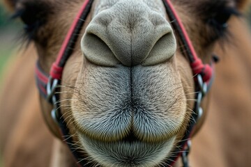 Close-up extreme detail of camel nose and mouth with coarse fur texture. Animal wears red halter. Dromedary snout shows nostrils and whiskers. Natural animal portrait shows desert mammal. © miss irine
