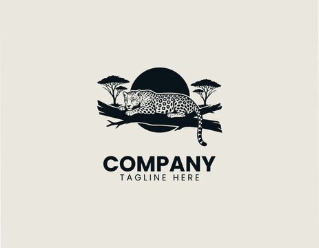 Leopard resting on tree branch in African savanna black vector logo illustration