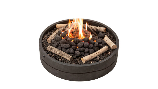 Black metallic round barbecue fire pit filled with burning coals isolated on transparent background