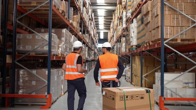 Two male colleagues in safety vests and hard hats walking through a large warehouse. One worker is pulling a pallet jack with a large box