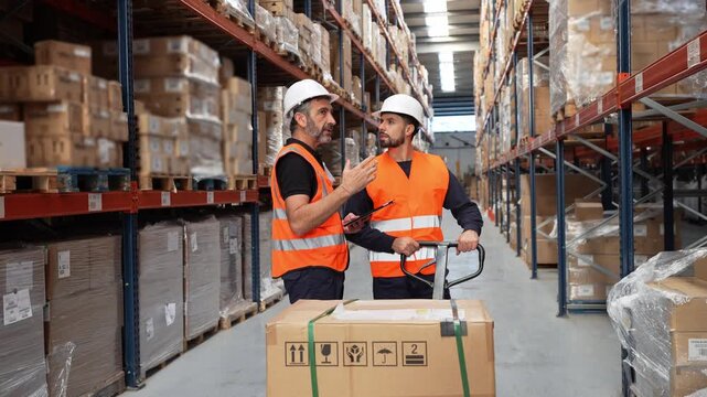 Logistics manager giving instructions to a young worker moving a pallet jack with a cardboard box through a large distribution center aisle