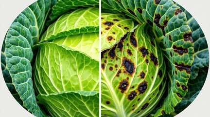 Fototapeta premium Healthy cabbage leaf next to diseased one. Shows black rot spots, comparison of healthy and damaged Brassica oleracea crops. Agriculture plant problem.