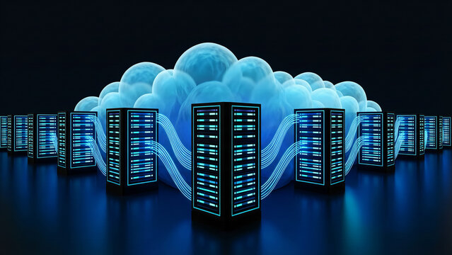 Futuristic cloud server cluster architecture visualization rendering high-density data center servers.