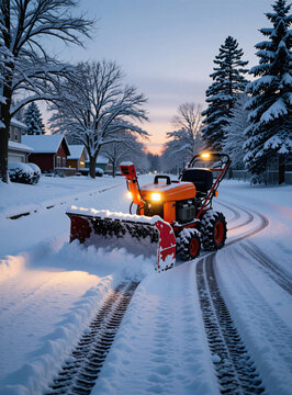 Orange snowblower clears white drifts on residential street during winter morning. Heavy machinery removes ice from frozen suburban road. Power vehicle works near houses covered by deep snow after