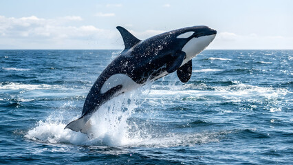 Naklejka premium Great white shark breaching ocean waves in attack. Powerful marine predator leaping from blue sea with splashing water.