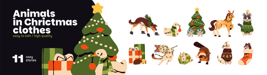 Naklejka premium Animals in Christmas clothes set. Cute pets in Xmas ugly sweaters. Happy characters with New Years ornaments and funny apparels for winter holidays. Flat isolated vector illustrations on white