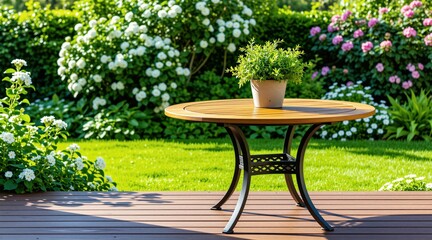 Obraz premium Wooden table with green potted plant sits on deck. Lush garden offers white and pink flowers. Sunny day brightens the lawn. Peaceful outdoor scene, perfect for relaxation.