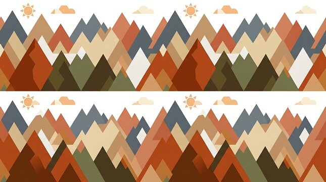 Stylized geometric mountain range with sun and clouds