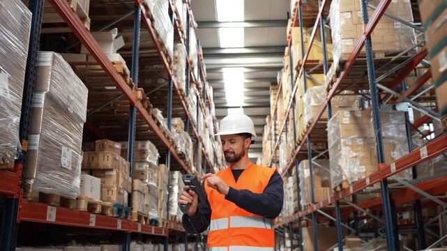 Male worker wearing a hard hat and safety vest scanning barcodes on packages with a handheld scanner in a large logistics warehouse aisle