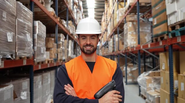 Confident logistics worker with a hard hat and safety vest using a barcode scanner in a large distribution center, then smiling at camera