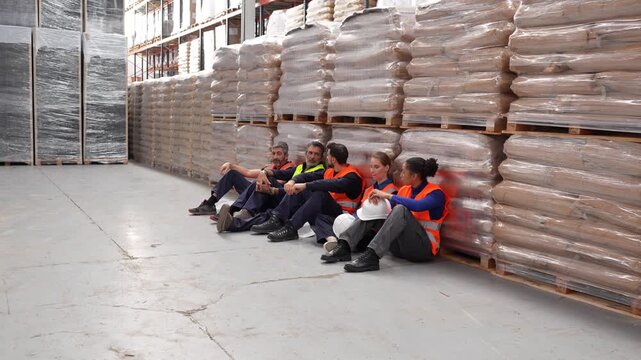 Diverse group of tired logistic center workers sitting on the floor and taking a well deserved break after hard manual labor