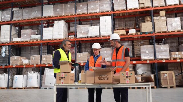 Team of warehouse employees working together in a large distribution center. Professional staff preparing cardboard boxes for shipping