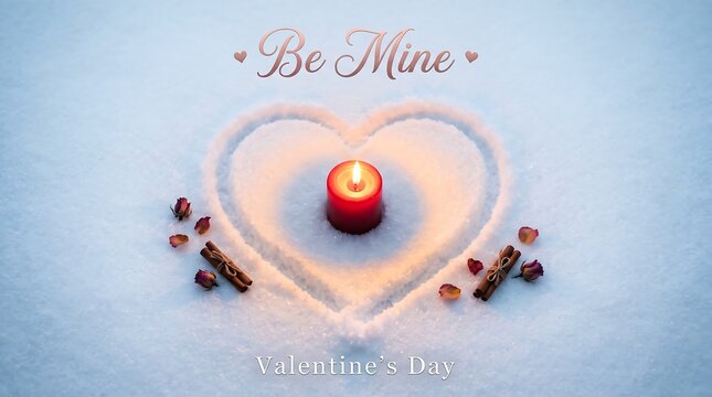 Heart shape drawn in snow with a candle. Romantic Valentine Day greeting card background.