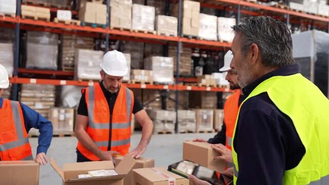 Group of warehouse employees packing fragile items into cardboard boxes while a manager oversees the shipping process using a tablet