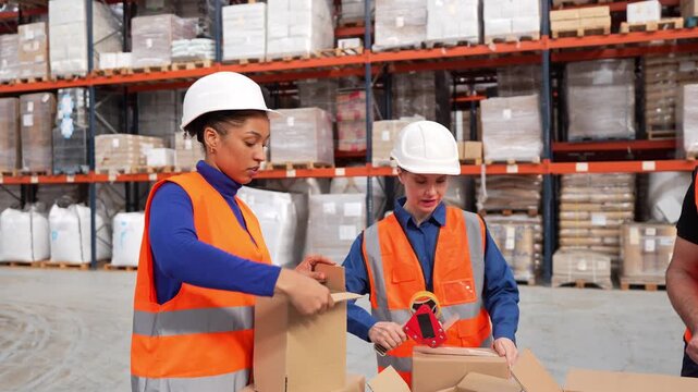 Diverse team of logistics workers collaborating in a distribution center. Employees wearing hard hats and safety vests are packing parcels