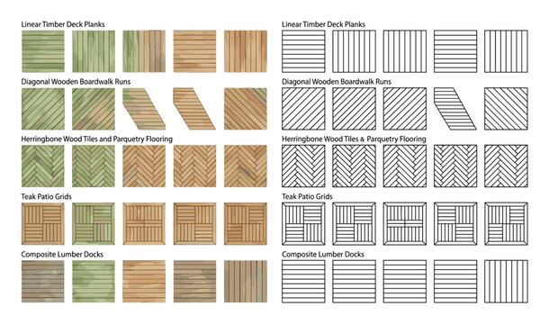 Architectural wood flooring patterns and technical deck plan symbols