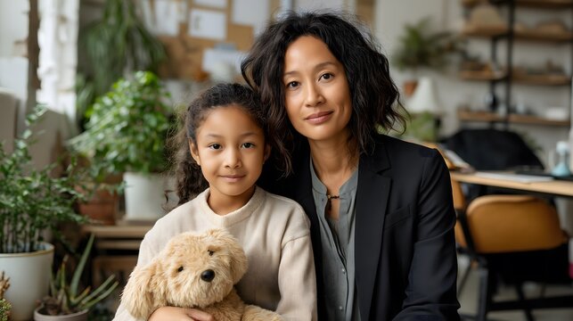 Asian female school counselor in professional attire with young girl age 9 holding stuffed animal in cozy office. Both calm. Emotional support, mental health, wellbeing concept.