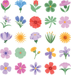 Fototapeta premium Spring Flower Collection, Colorful Botanical Blossom Vector Icon Set for Garden Floral Design Illustration Pack Isolated