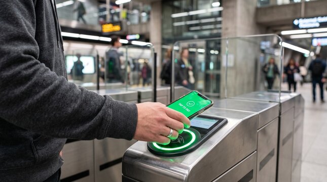 Business professional using contactless payment terminal with smartphone. Man tapping NFC card reader for secure digital transaction in retail store.