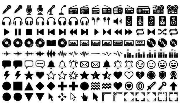 Pixel Art Music and Radio Podcast Icons Set &ndash; 8 Bit Black Vector Collection