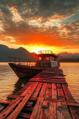 Fototapeta premium Traditional Wooden Fishing Boat Moored at a Rustic Pier During a Scenic Golden Sunset Landscape View