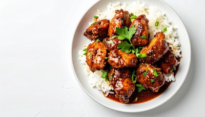 Fototapeta premium Filipino adobo chicken with steamed rice on a minimalist white copy space background, authentic Southeast Asian cuisine, ultra realistic 