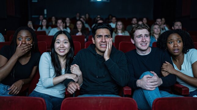 Diverse group friends experiencing intense suspense while watching thriller movie inside darkened