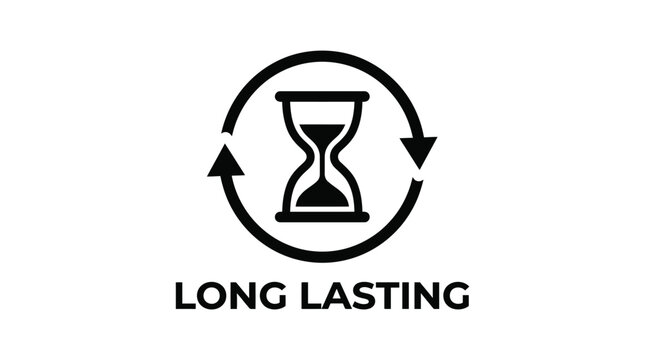 Long-lasting icon with hourglass and circular arrow symbol representing durability and time