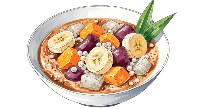Watercolor illustration of sweet Bubur Cha Cha with yam, banana and taro in coconut milk broth