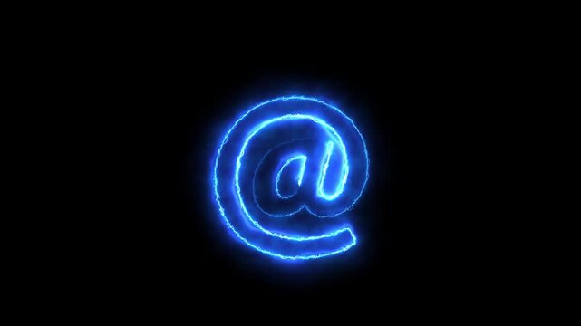 Blue neon at symbol glowing with electric energy