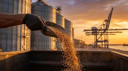 Worker pouring soybeans into container during harvest. Agricultural laborer handling golden grain at industrial port facility. © Abbas
