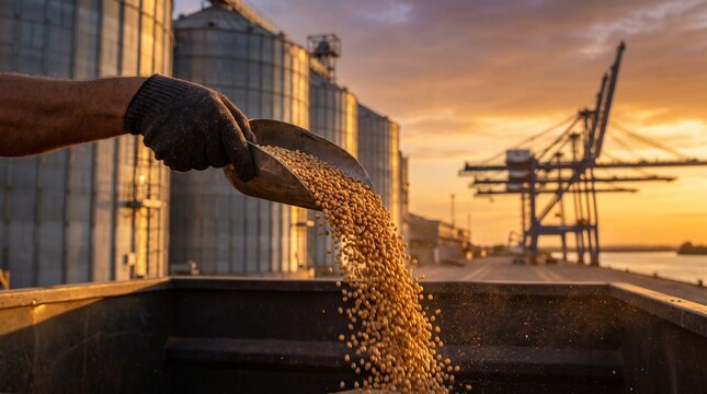 Worker pouring soybeans into container during harvest. Agricultural laborer handling golden grain at industrial port facility.