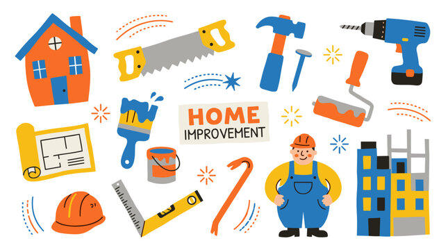 Set of home improvement and construction icons with repair tools, a worker, building house plans, and renovation symbols, flat illustration style