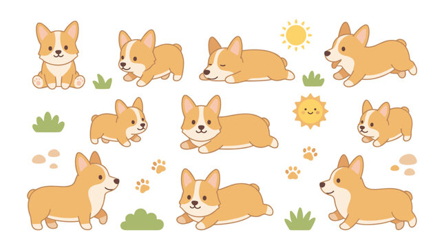 Set of small corgi dog poses with sun and grass elements, charming puppy illustrations, playful pet collection, joyful canine character design