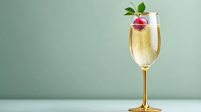 Sparkling champagne glass with cherry garnish on elegant green background