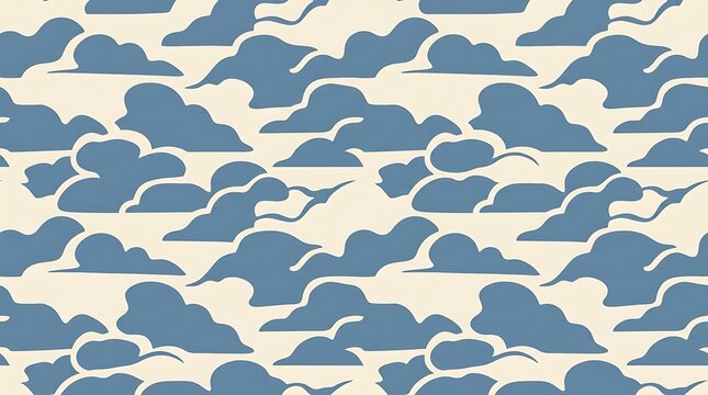 Seamless pattern with stylized blue clouds on a cream background