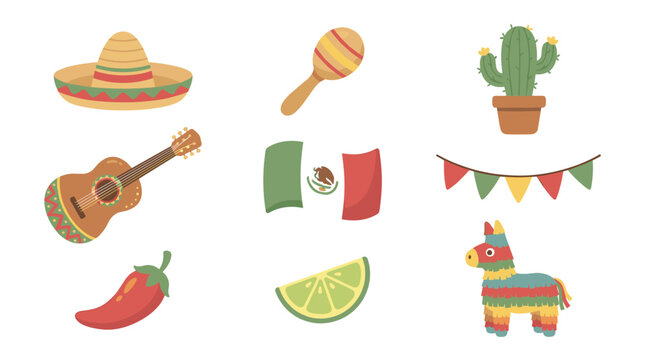 Set of festive Mexican theme icons including sombrero, maraca, cactus, guitar, flag, chili pepper, lime wedge, and pinata for celebration events