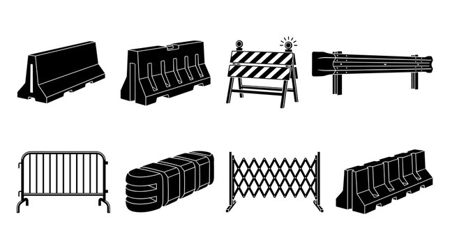 Set of black and white road barrier icons, construction safety barricades and traffic control fencing, street work site equipment symbols