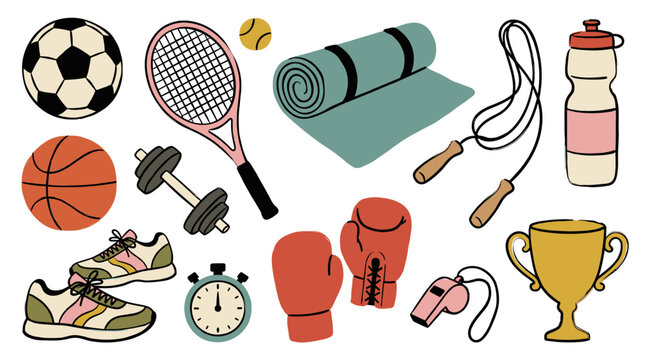 Set of sports equipment icons featuring soccer ball, basketball, tennis racket, boxing gloves, sneakers, and trophy, perfect for fitness and active