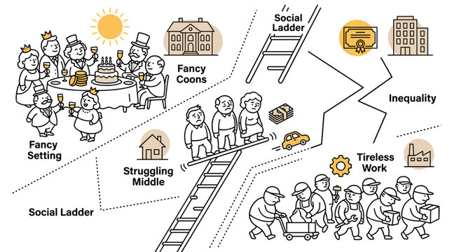 Illustrative diagram showing social mobility and inequality, with a ladder representing career progression and contrasting scenes of struggle and