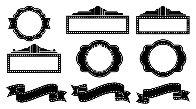 Set of vintage marquee frames and ribbon banners, ornate cinematic signage borders, retro theater light outlines, elegant display elements for
