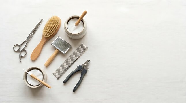 Pet grooming tools set on white background with copy space