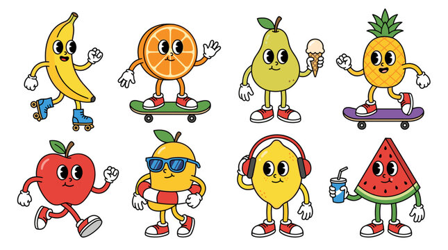 Set of retro fruit characters performing various summer activities, including skateboarding, roller skating, and eating, colorful vintage sticker