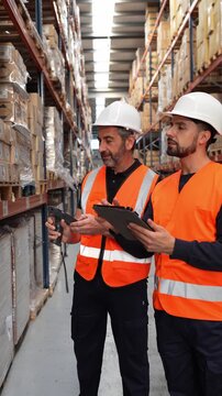 Two logistics center workers using a scanner and a tablet for inventory management. The team collaborates in a warehouse aisle full of racks