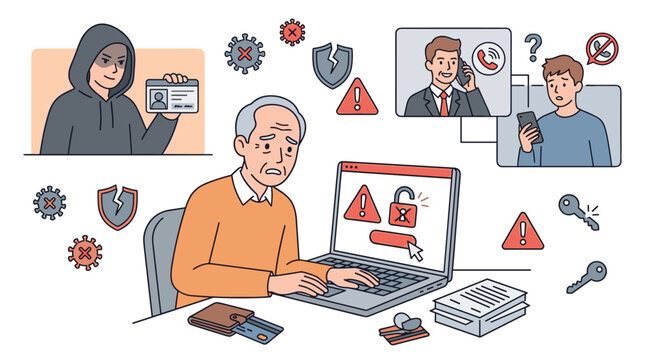 Elderly person struggling with computer cybersecurity threats, online fraud, phishing scams, identity theft, financial safety awareness and risk